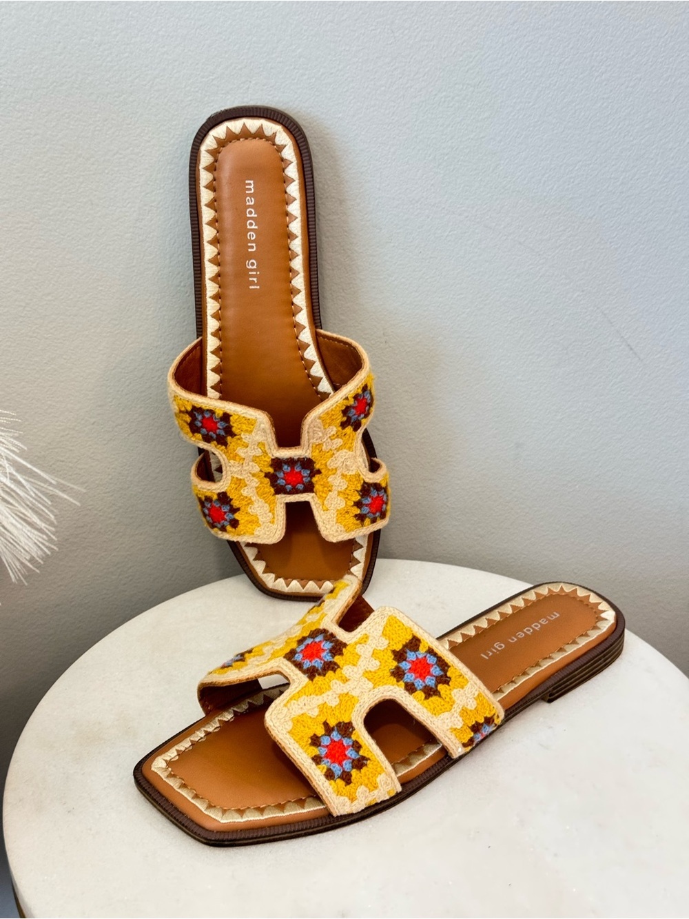 Madden Girl Yellow Embroidered Slide Mules